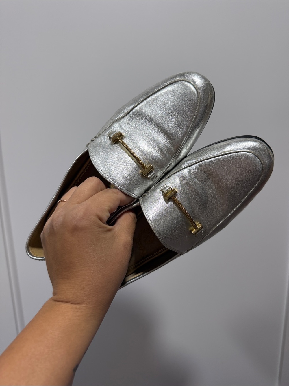 SAM EDELMAN Metallic Silver Leather Loafers with Gold Hardware